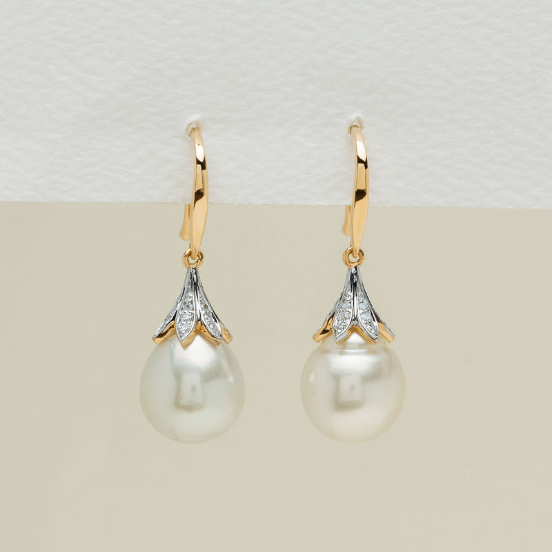 18ct Yellow Gold South Sea Pearl Diamond Drop Earrings - Earrings - Walker & Hall