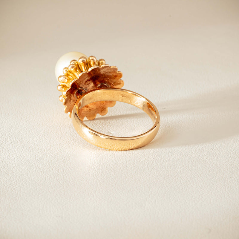 Vintage 14ct Yellow Gold 9mm Akoya Pearl Flower Ring