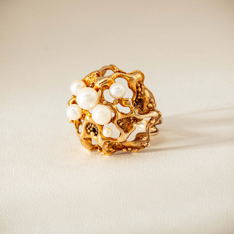 Deja Vu 9ct Yellow Gold Pearl Brutalist Cocktail Ring - Ring - Walker & Hall