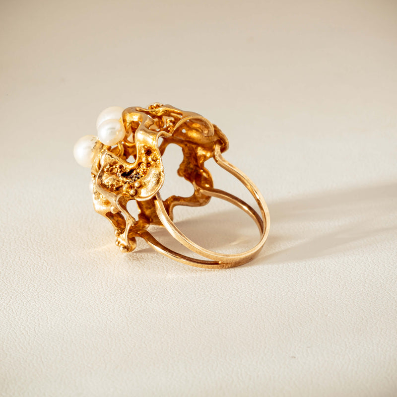 Deja Vu 9ct Yellow Gold Pearl Brutalist Cocktail Ring - Ring - Walker & Hall