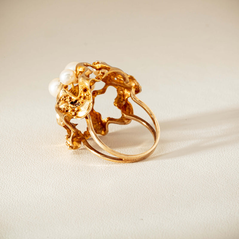 Deja Vu 9ct Yellow Gold Pearl Brutalist Cocktail Ring - Ring - Walker & Hall