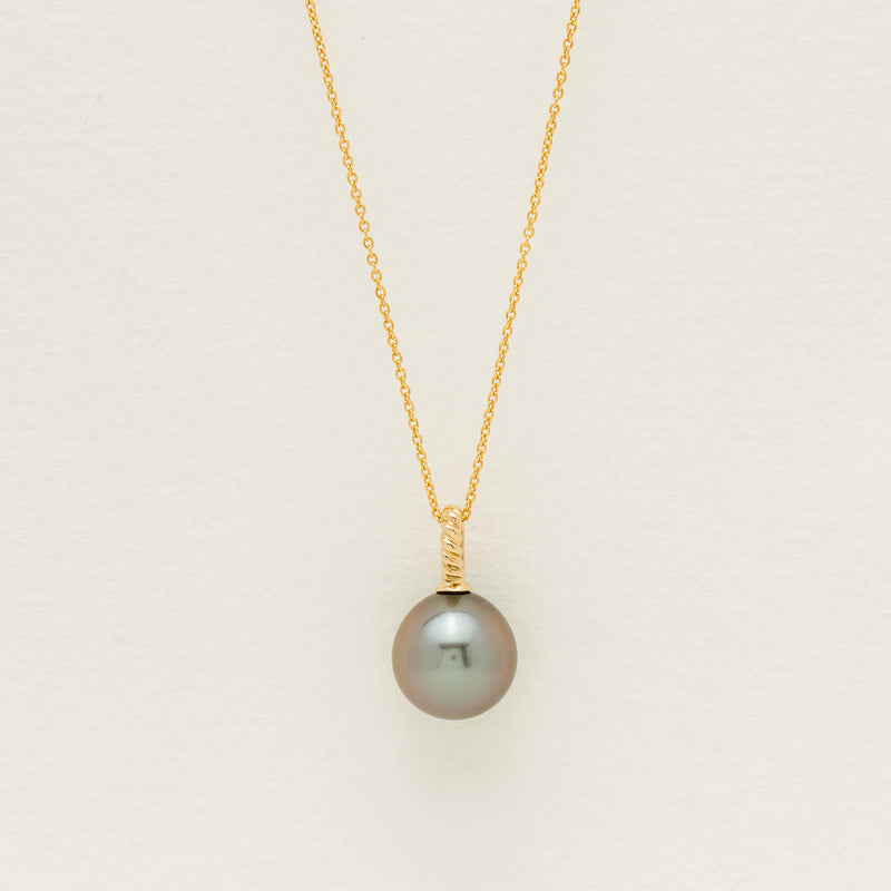 18ct Yellow Gold 13.6mm Black Pearl Twine Pendant - Necklace - Walker & Hall