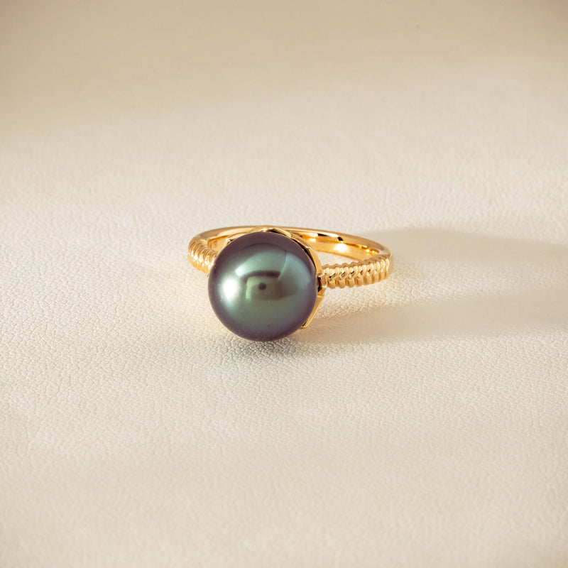18ct Yellow Gold 10.9mm Black Pearl Selene Ring - Ring - Walker & Hall