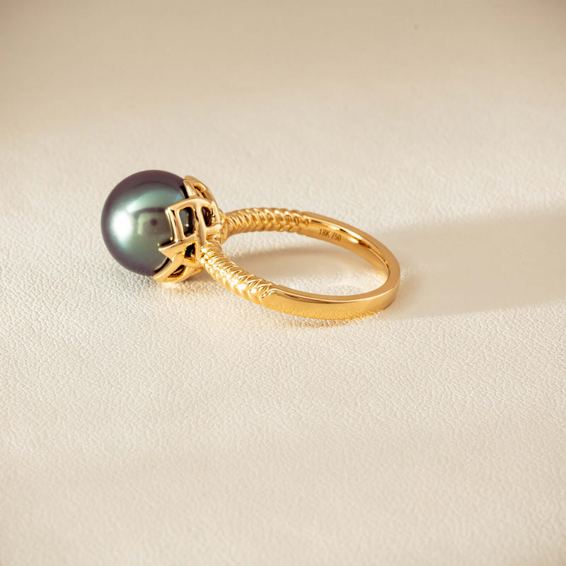 18ct Yellow Gold 10.9mm Black Pearl Selene Ring - Ring - Walker & Hall