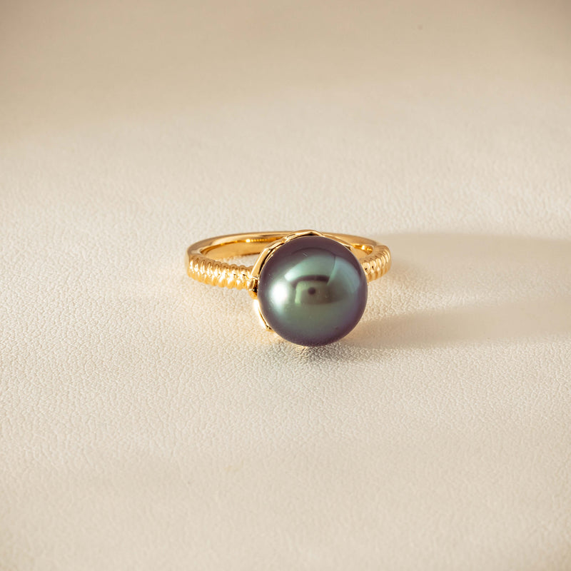 18ct Yellow Gold 10.9mm Black Pearl Selene Ring - Ring - Walker & Hall