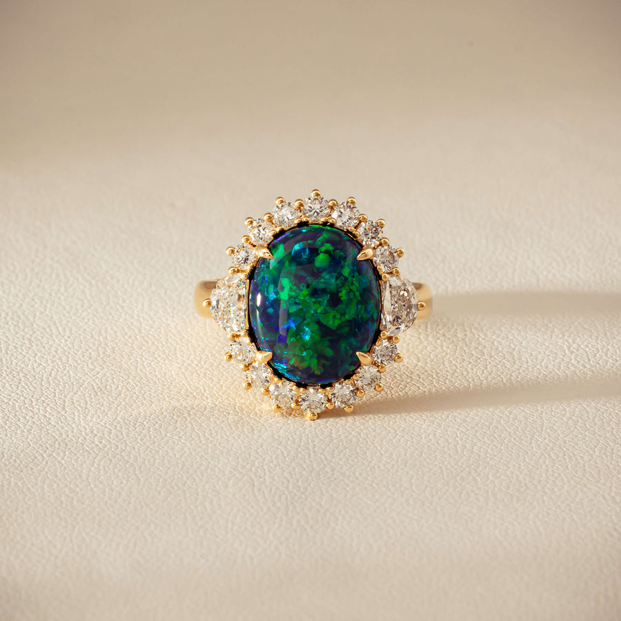 18ct Yellow Gold 4.27ct Opal & Demi Lune Diamond Ring - Ring - Walker & Hall