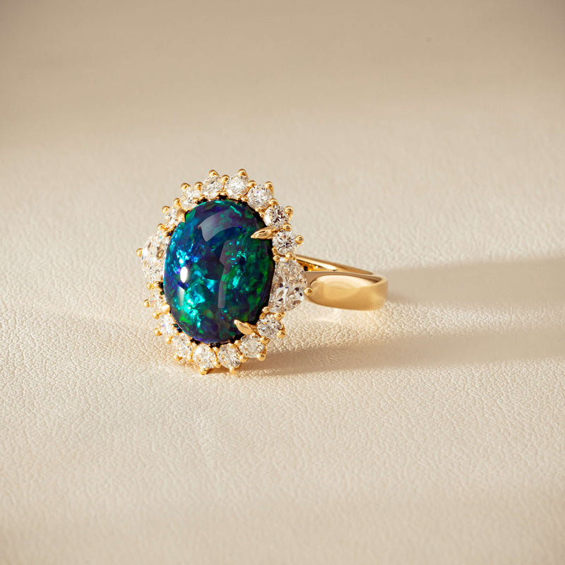 18ct Yellow Gold 4.27ct Opal & Demi Lune Diamond Ring - Ring - Walker & Hall