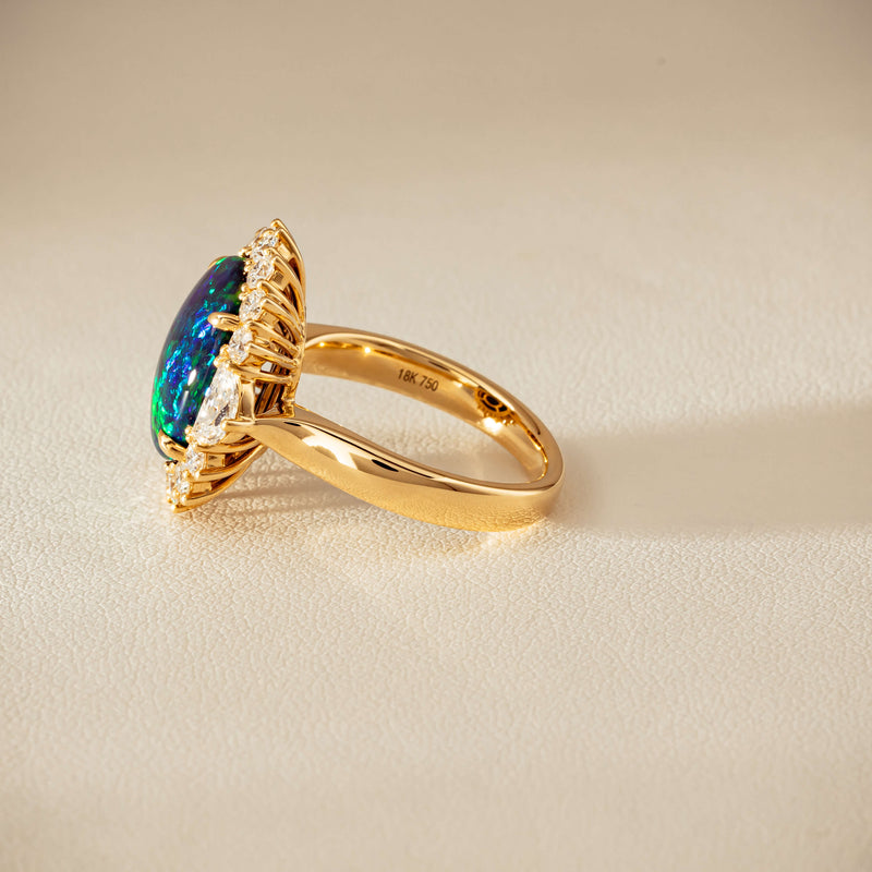 18ct Yellow Gold 4.27ct Opal & Demi Lune Diamond Ring - Ring - Walker & Hall