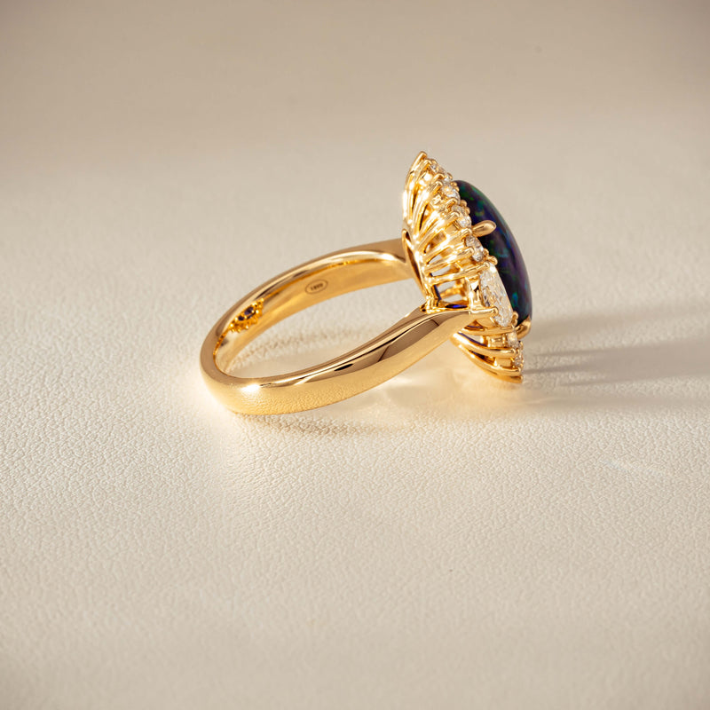 18ct Yellow Gold 4.27ct Opal & Demi Lune Diamond Ring - Ring - Walker & Hall