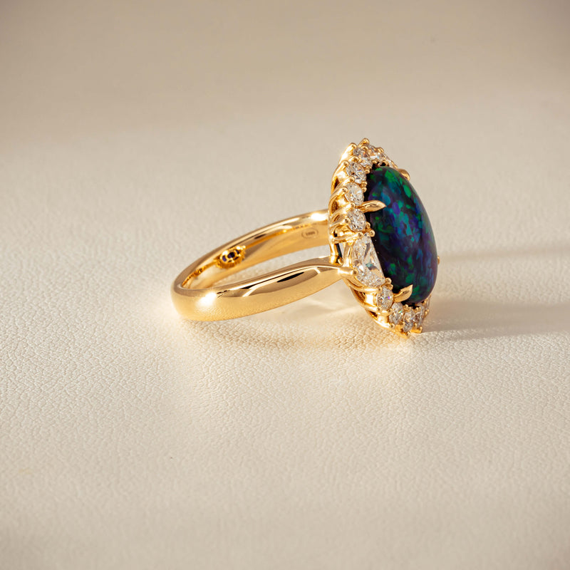 18ct Yellow Gold 4.27ct Opal & Demi Lune Diamond Ring - Ring - Walker & Hall