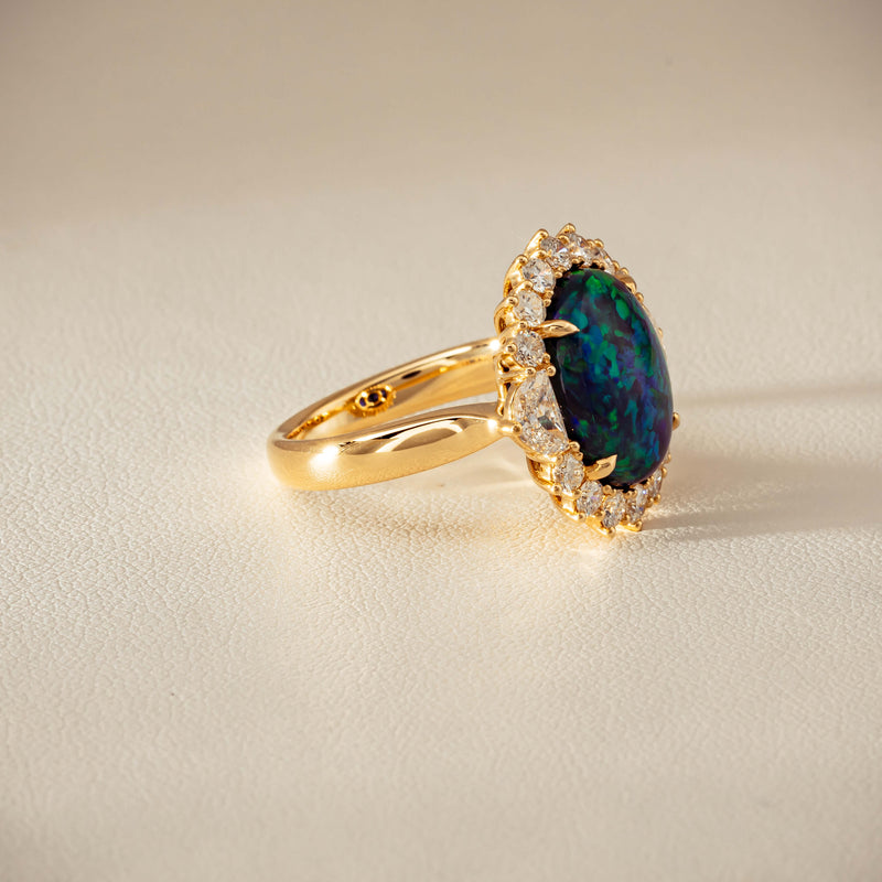 18ct Yellow Gold 4.27ct Opal & Demi Lune Diamond Ring - Ring - Walker & Hall