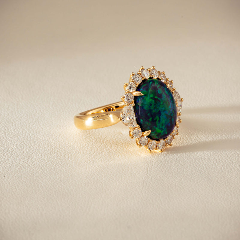 18ct Yellow Gold 4.27ct Opal & Demi Lune Diamond Ring - Ring - Walker & Hall