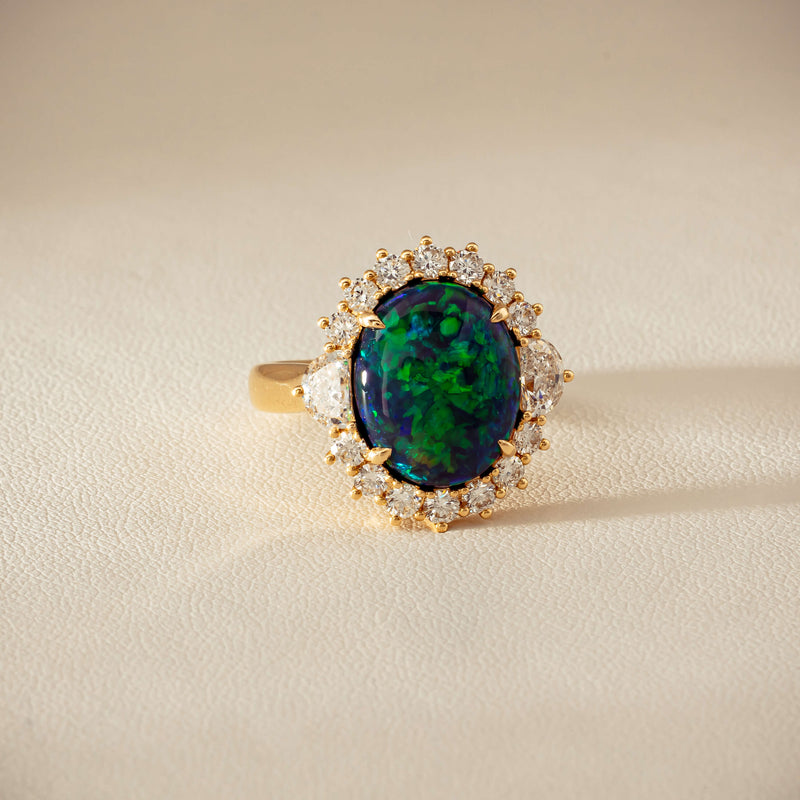 18ct Yellow Gold 4.27ct Opal & Demi Lune Diamond Ring - Ring - Walker & Hall