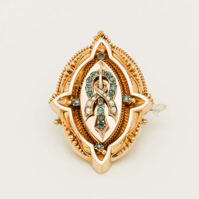Vintage 15ct Yellow Gold Emerald & Pearl Mourning Brooch