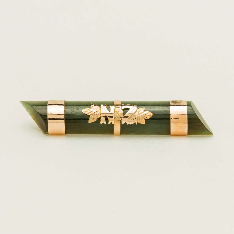 Vintage 9ct Rose Gold NZ Greenstone Bar Brooch - Brooch - Walker & Hall