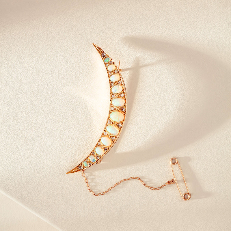 Vintage 15ct Rose Gold Opal & Diamond Crescent Brooch - Brooch - Walker & Hall
