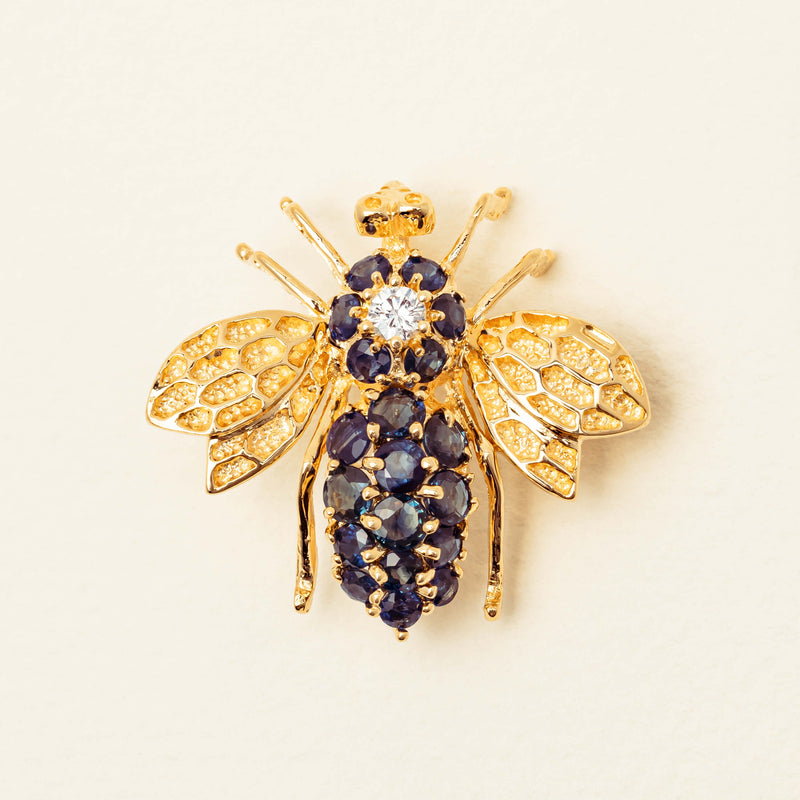 Deja Vu 14ct Yellow Gold Sapphire & Diamond Bee Brooch - Brooch - Walker & Hall