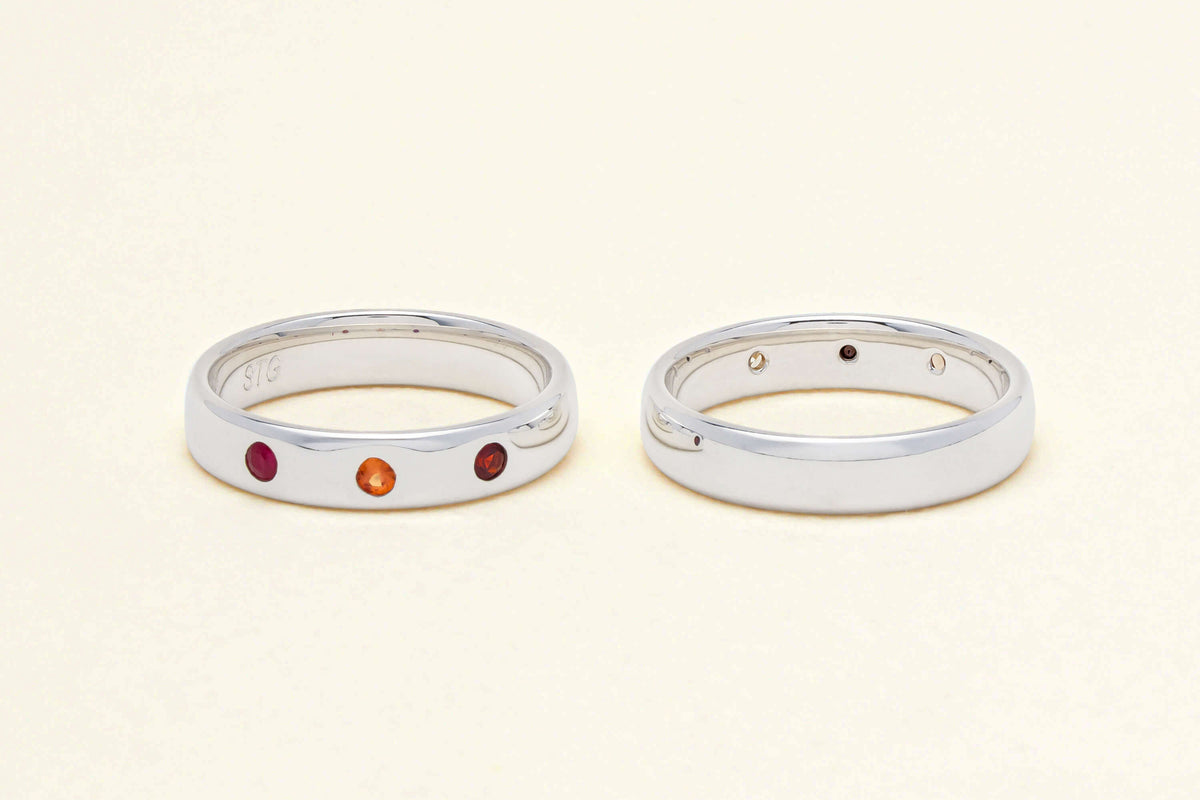 Front view and back view of sterling silver Milestone Bands set with three gemstones each
