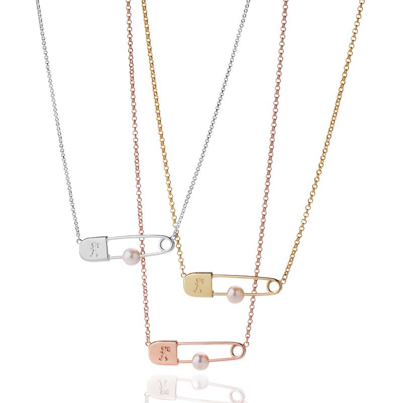 Karen Walker Runaway Safety Pin Necklace - 9ct Yellow Gold & Pearl-Necklace-Walker & Hall
