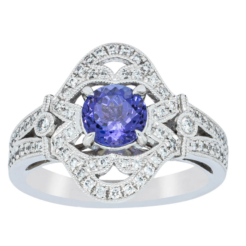 18ct White Gold .97ct Tanzanite & Diamond Halo Ring-Ring-Walker & Hall