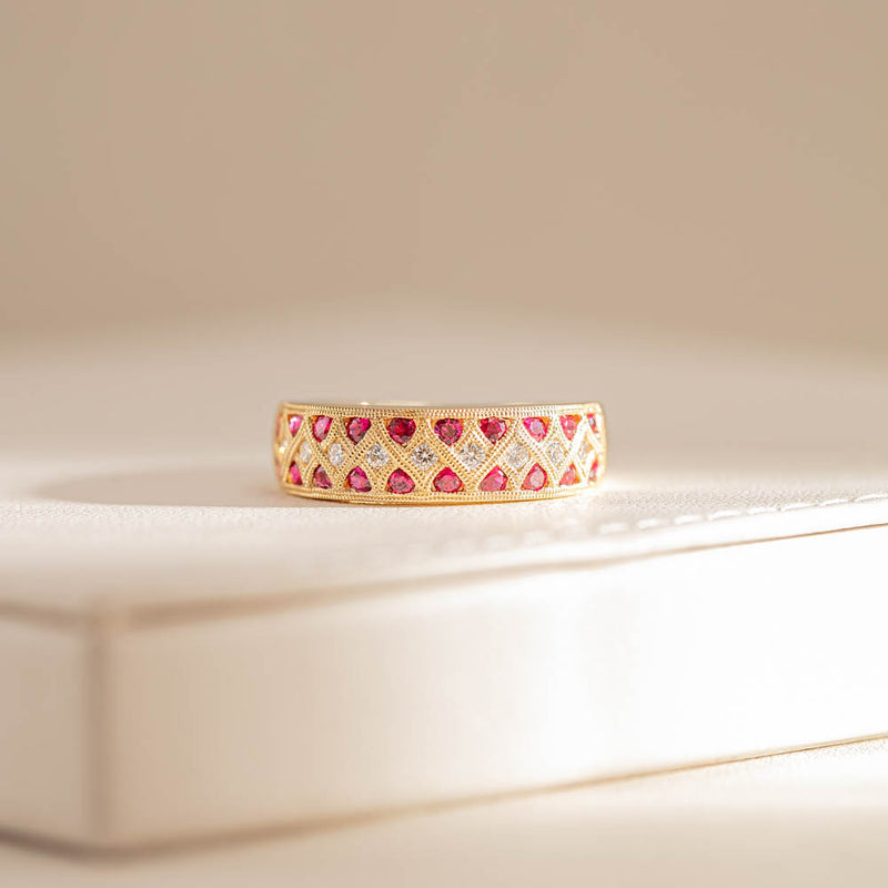 18ct Yellow Gold Ruby & Diamond Honour Band-Ring-Walker & Hall