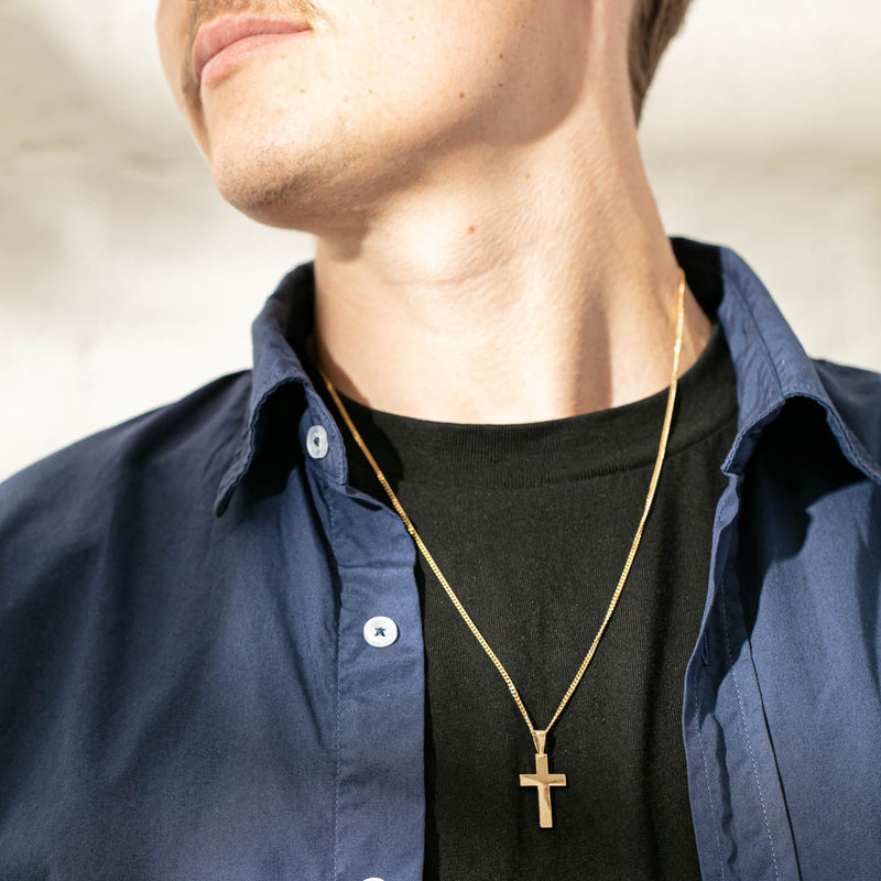 9ct Yellow Gold Cross Pendant with Curb Chain-Necklace-Walker & Hall