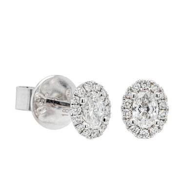 18ct White Gold .38ct Oval Cut Diamond Halo Earrings-Earrings-Walker & Hall