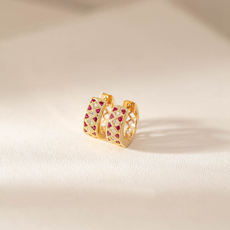 18ct Yellow Gold Ruby & Diamond Honour Hoop Earrings-Earrings-Walker & Hall