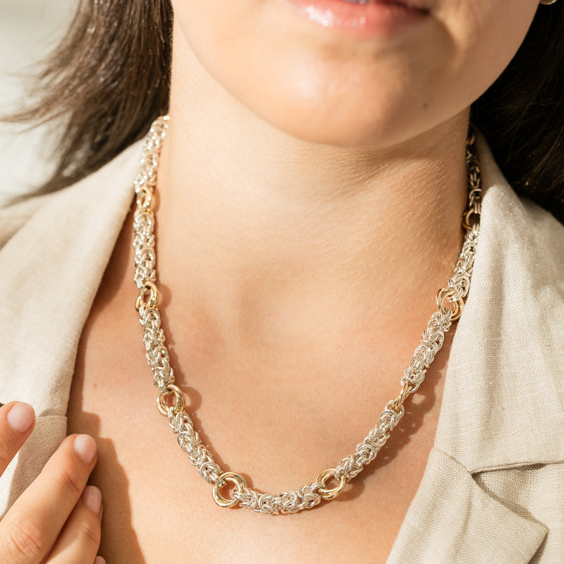Sterling Silver & 9ct Yellow Gold Byzantine Necklace-Necklace-Walker & Hall