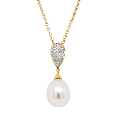 9ct Yelllow Gold Pearl & Diamond Pendant-Necklace-Walker & Hall