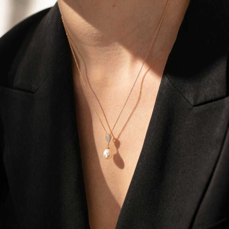 9ct Yelllow Gold Pearl & Diamond Pendant-Necklace-Walker & Hall