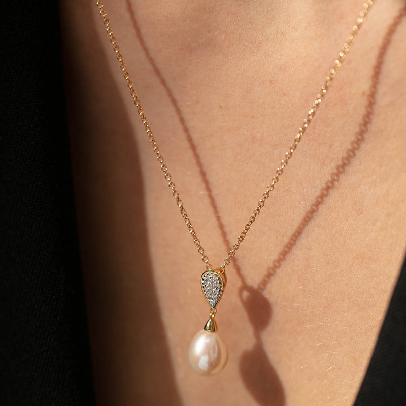 9ct Yelllow Gold Pearl & Diamond Pendant-Necklace-Walker & Hall